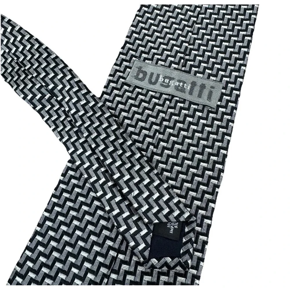 Bugatti Necktie Men‎ OS Black Silver Chevron Zigzag Woven 100% Silk Made in USA